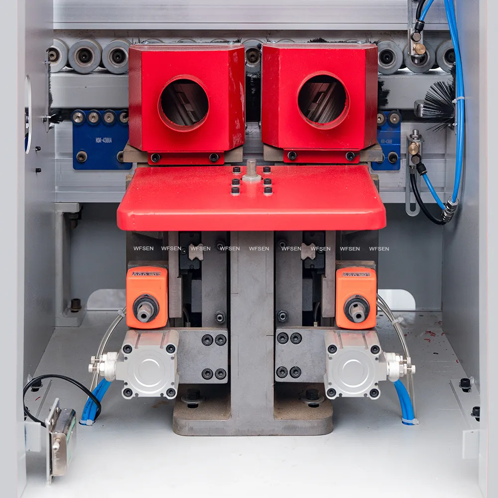 Gluing and trimming units inside an automatic edge banding machine
