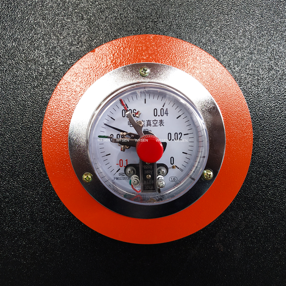 Vacuum gauge on a WFSEN vacuum membrane press reading from 0 down to minus 0.1 MPa