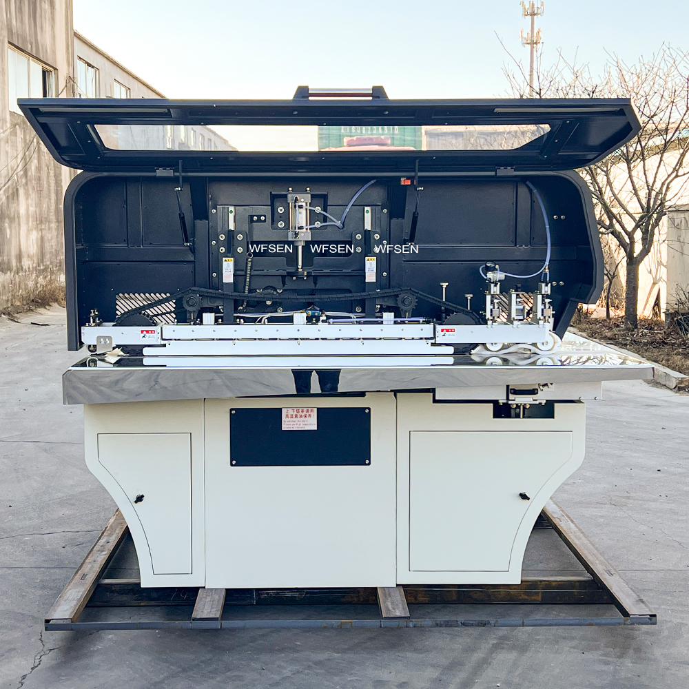 Veneer splicing machine with the head cover open, showing feed rollers and glue head