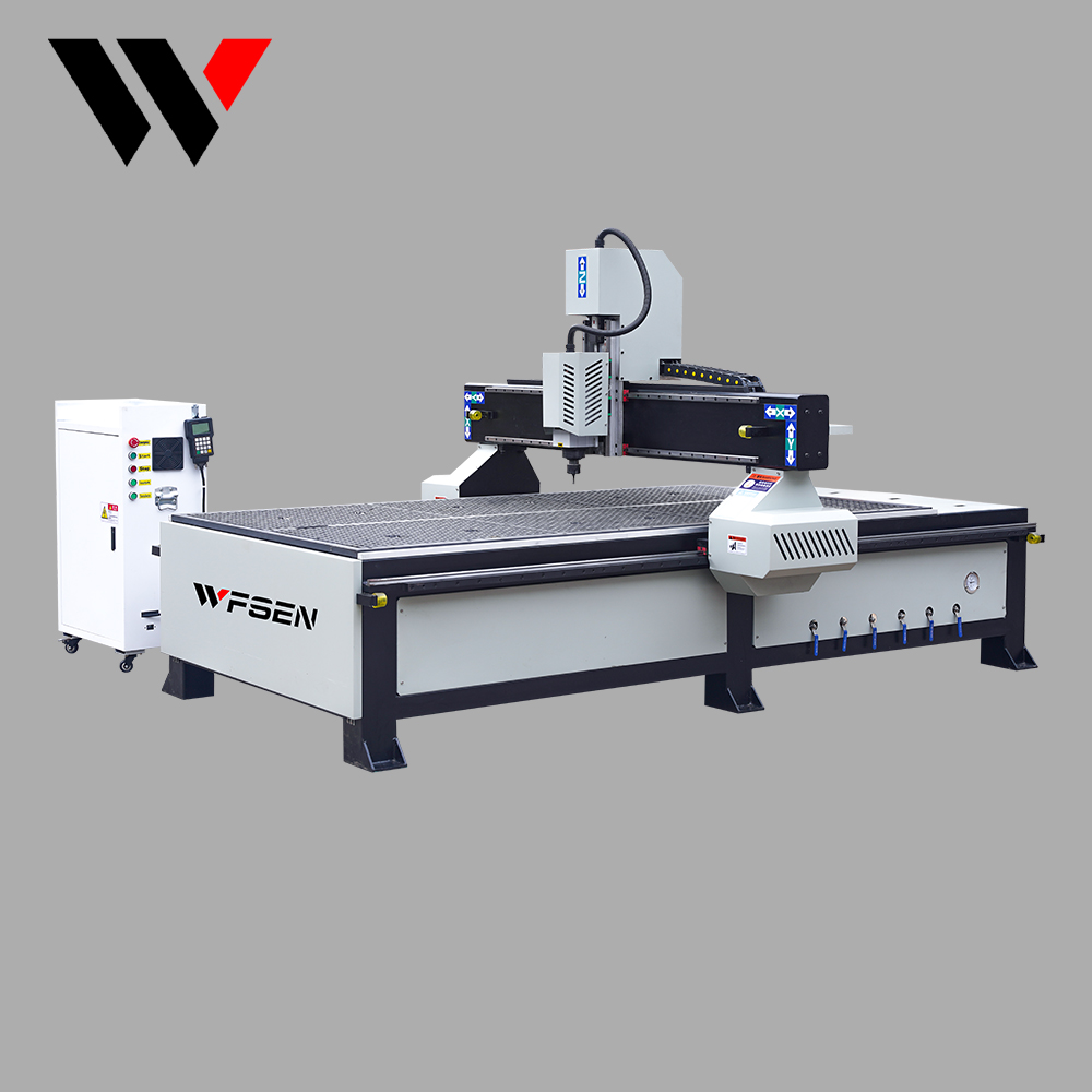 CNC carving machine head cutting a shaped wooden part