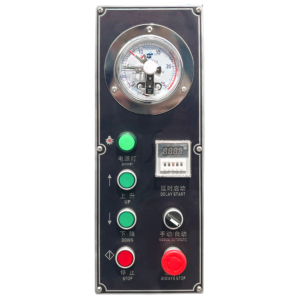 Cold press machine control panel with pressure gauge, delay start timer, up and down buttons and manual automatic selector