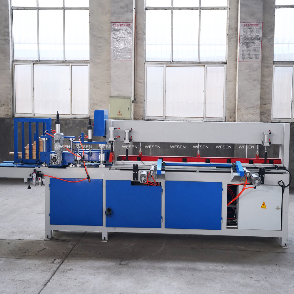 Finger joint machine line set up for long strips with saw, cutter and clamp in sequence