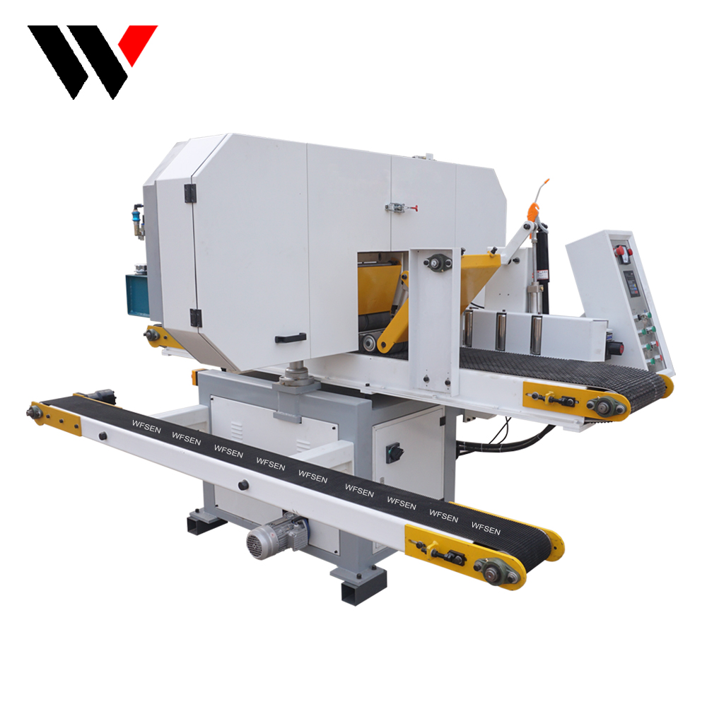 WFSEN horizontal band saw with infeed and outfeed conveyors