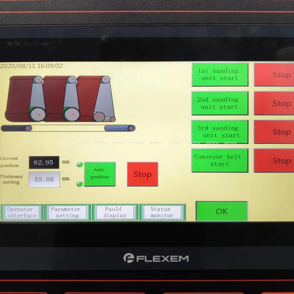 WFSEN wide belt sander touch screen showing 1st 2nd and 3rd sanding unit start buttons and thickness setting