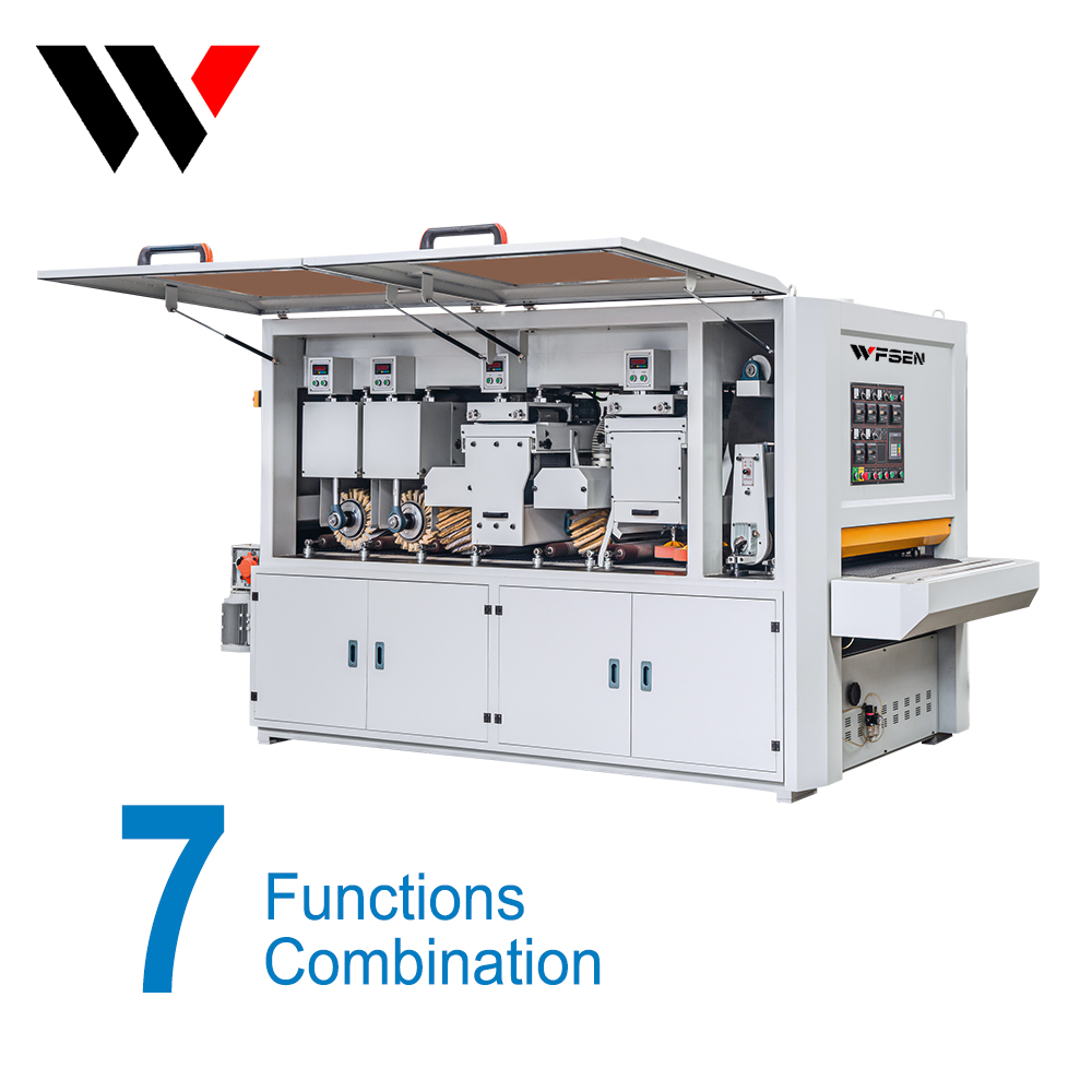 Wood polishing machine with polishing units over a conveyor