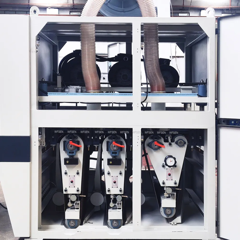 WFSEN top and bottom sanding line interior showing three sanding heads each with its own flexible dust hose