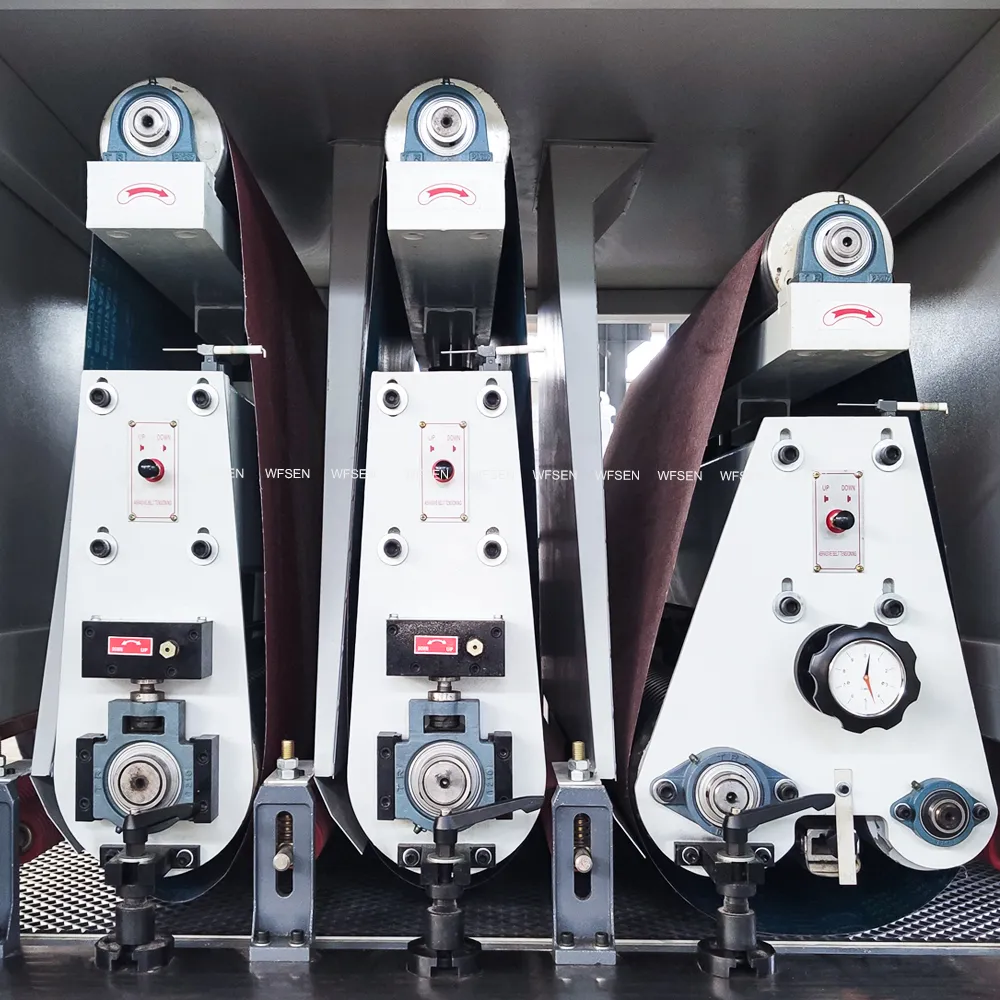 WFSEN wide belt sander with cabinet open showing three sanding belt heads, tension levers and pressure gauges