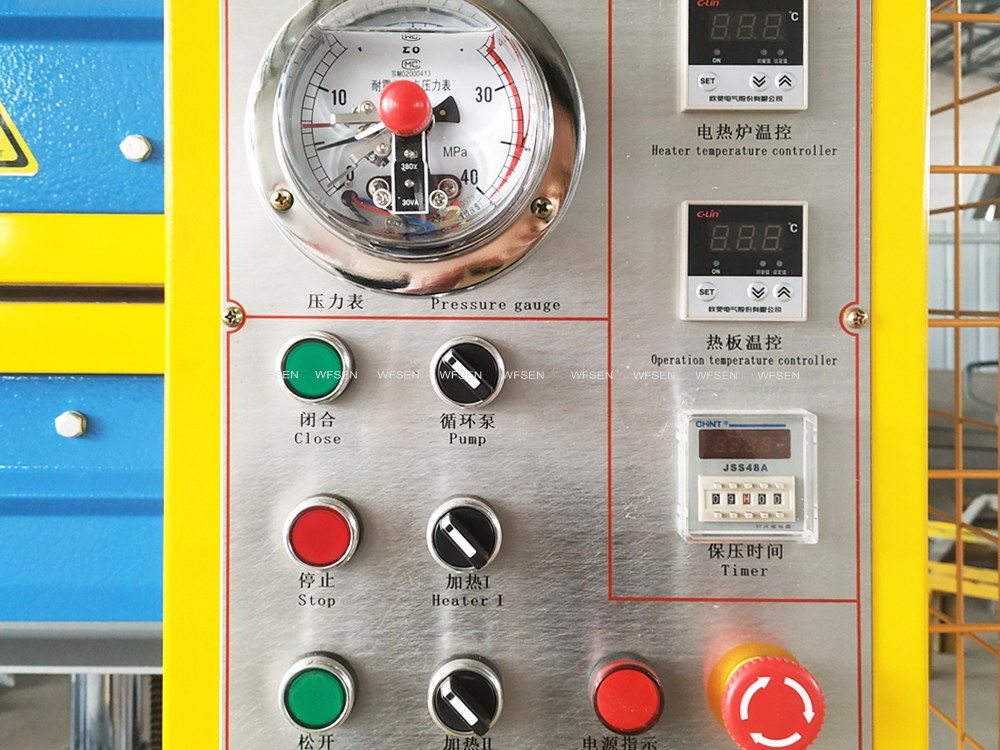 Hot press control panel with pressure gauge, two temperature controllers and a pressure holding timer